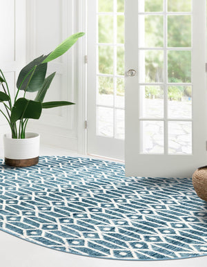 Blue 5' 3 x 8' Matrix Trellis Oval Area Rug 100% Polyester Geometric Pattern Modern Carpet for Living, Dining, Bedroom, Office for Sale at Rug Engine