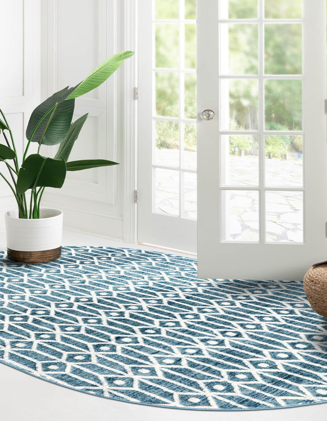 Blue 5' 3 x 8' Matrix Trellis Oval Area Rug 100% Polyester Geometric Pattern Modern Carpet for Living, Dining, Bedroom, Office for Sale at Rug Engine
