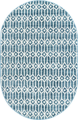 Blue 5' 3 x 8' Matrix Trellis Oval Area Rug 100% Polyester Geometric Pattern Modern Carpet for Living, Dining, Bedroom, Office for Sale at Rug Engine