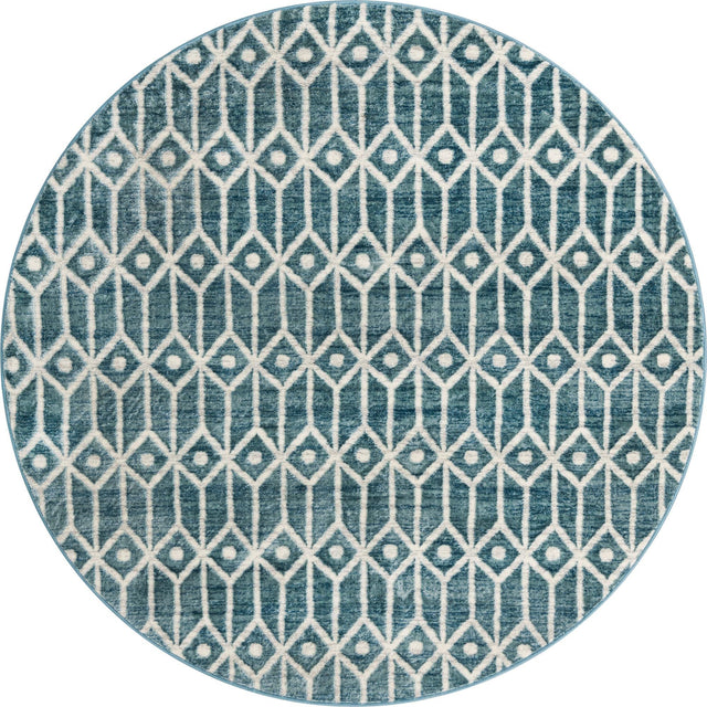 Blue 7' x 7' Matrix Trellis Round Area Rug 100% Polyester Geometric Pattern Modern Carpet for Living, Dining, Bedroom, Office for Sale at Rug Engine