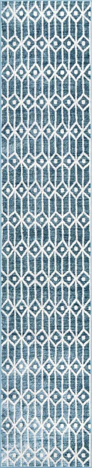 Blue 2' 7 x 13' Matrix Trellis Runner Area Rug 100% Polyester Geometric Pattern Modern Carpet for Living, Dining, Bedroom, Office for Sale at Rug Engine