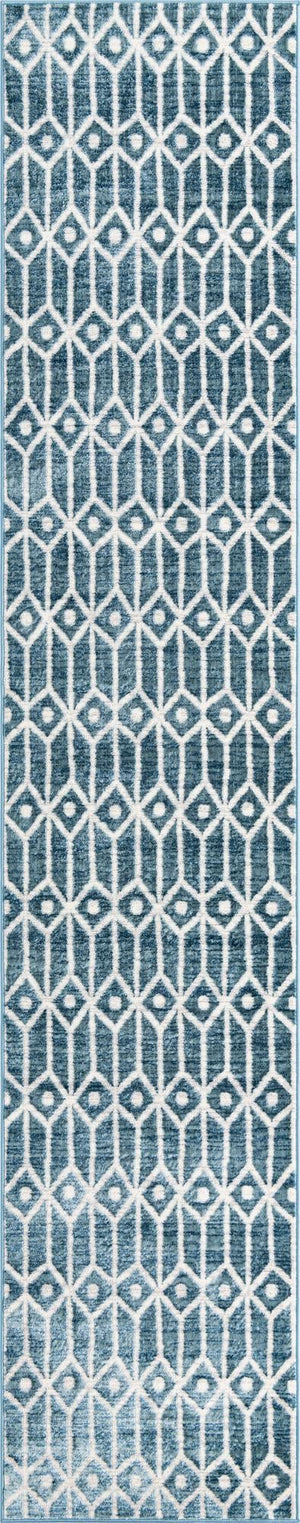Blue 2' 7 x 13' Matrix Trellis Runner Area Rug 100% Polyester Geometric Pattern Modern Carpet for Living, Dining, Bedroom, Office for Sale at Rug Engine
