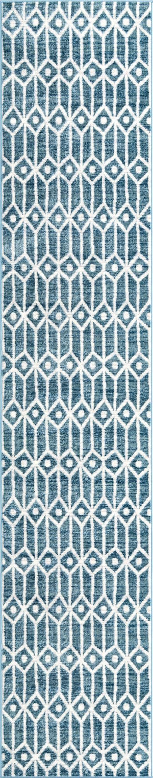 Blue 2' 7 x 13' Matrix Trellis Runner Area Rug 100% Polyester Geometric Pattern Modern Carpet for Living, Dining, Bedroom, Office for Sale at Rug Engine