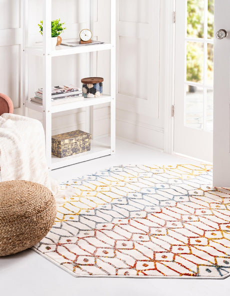Multicolor 5' 3 x 5' 3 Matrix Trellis Octagon Area Rug 100% Polyester Geometric Pattern Modern Carpet for Living, Dining, Bedroom, Office for Sale at Rug Engine