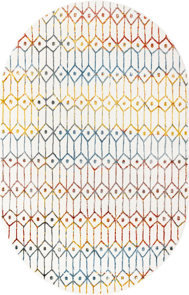 Multicolor 5' 3 x 8' Matrix Trellis Oval Area Rug 100% Polyester Geometric Pattern Modern Carpet for Living, Dining, Bedroom, Office for Sale at Rug Engine