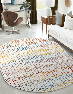 Multicolor 5' 3 x 8' Matrix Trellis Oval Area Rug 100% Polyester Geometric Pattern Modern Carpet for Living, Dining, Bedroom, Office for Sale at Rug Engine