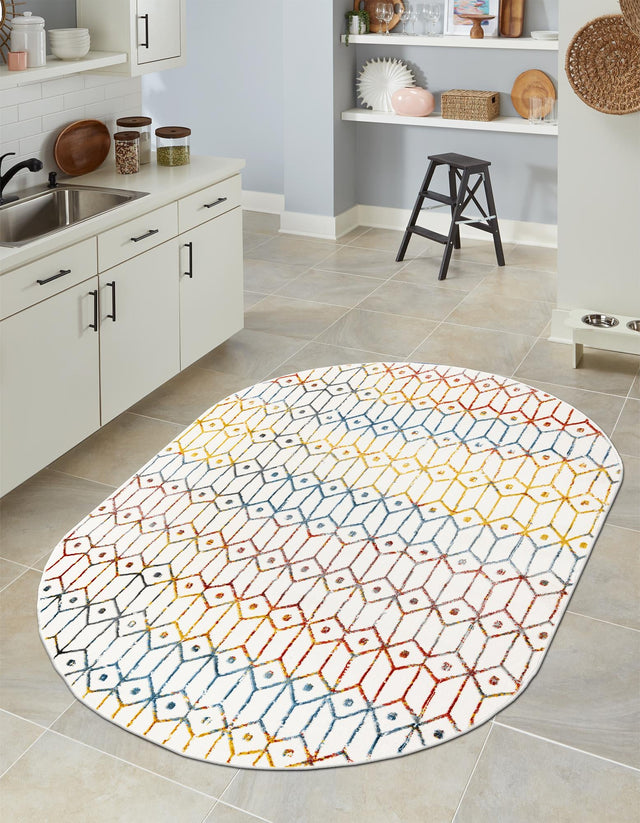 Multicolor 5' 3 x 8' Matrix Trellis Oval Area Rug 100% Polyester Geometric Pattern Modern Carpet for Living, Dining, Bedroom, Office for Sale at Rug Engine
