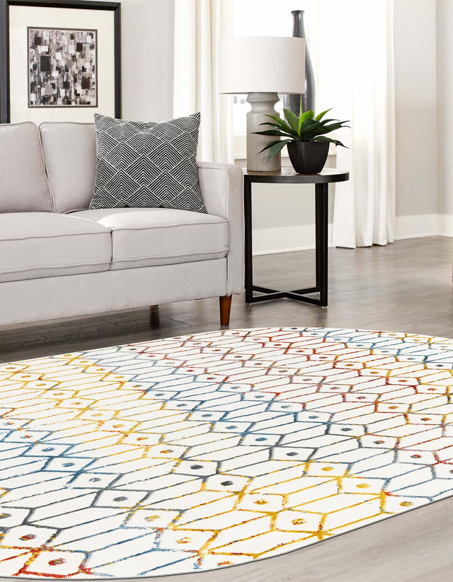 Multicolor 5' 3 x 8' Matrix Trellis Oval Area Rug 100% Polyester Geometric Pattern Modern Carpet for Living, Dining, Bedroom, Office for Sale at Rug Engine
