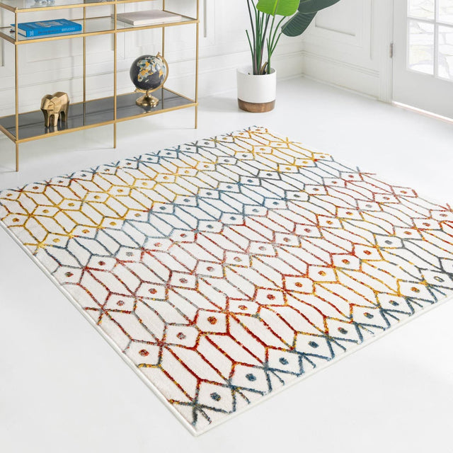 Multicolor 5' 3 x 5' 3 Matrix Trellis Square Area Rug 100% Polyester Geometric Pattern Modern Carpet for Living, Dining, Bedroom, Office for Sale at Rug Engine
