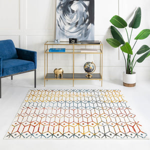 Multicolor 7' x 7' Matrix Trellis Square Area Rug 100% Polyester Geometric Pattern Modern Carpet for Living, Dining, Bedroom, Office for Sale at Rug Engine