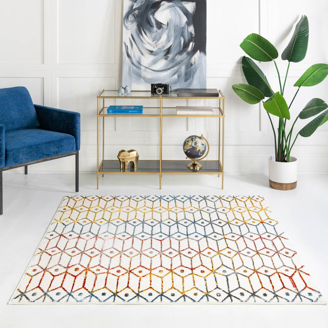 Multicolor 7' x 7' Matrix Trellis Square Area Rug 100% Polyester Geometric Pattern Modern Carpet for Living, Dining, Bedroom, Office for Sale at Rug Engine
