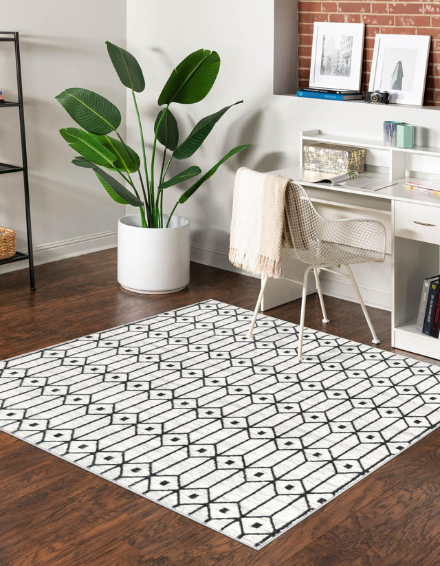 White 7' x 7' Matrix Trellis Square Area Rug 100% Polyester Geometric Pattern Modern Carpet for Living, Dining, Bedroom, Office for Sale at Rug Engine