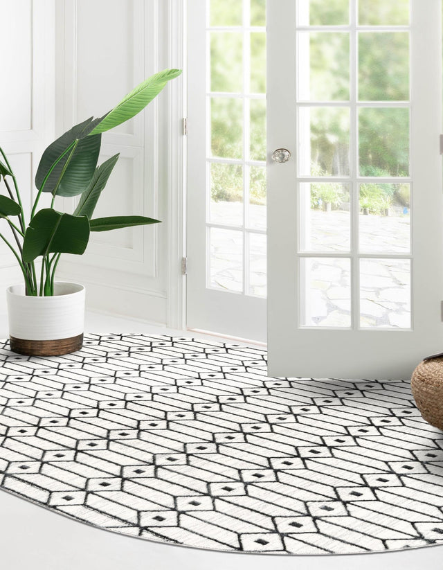 White 5' 3 x 8' Matrix Trellis Oval Area Rug 100% Polyester Geometric Pattern Modern Carpet for Living, Dining, Bedroom, Office for Sale at Rug Engine