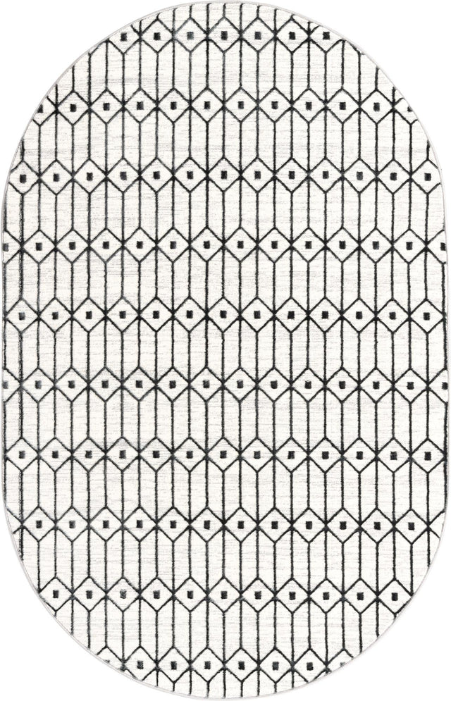 White 5' 3 x 8' Matrix Trellis Oval Area Rug 100% Polyester Geometric Pattern Modern Carpet for Living, Dining, Bedroom, Office for Sale at Rug Engine