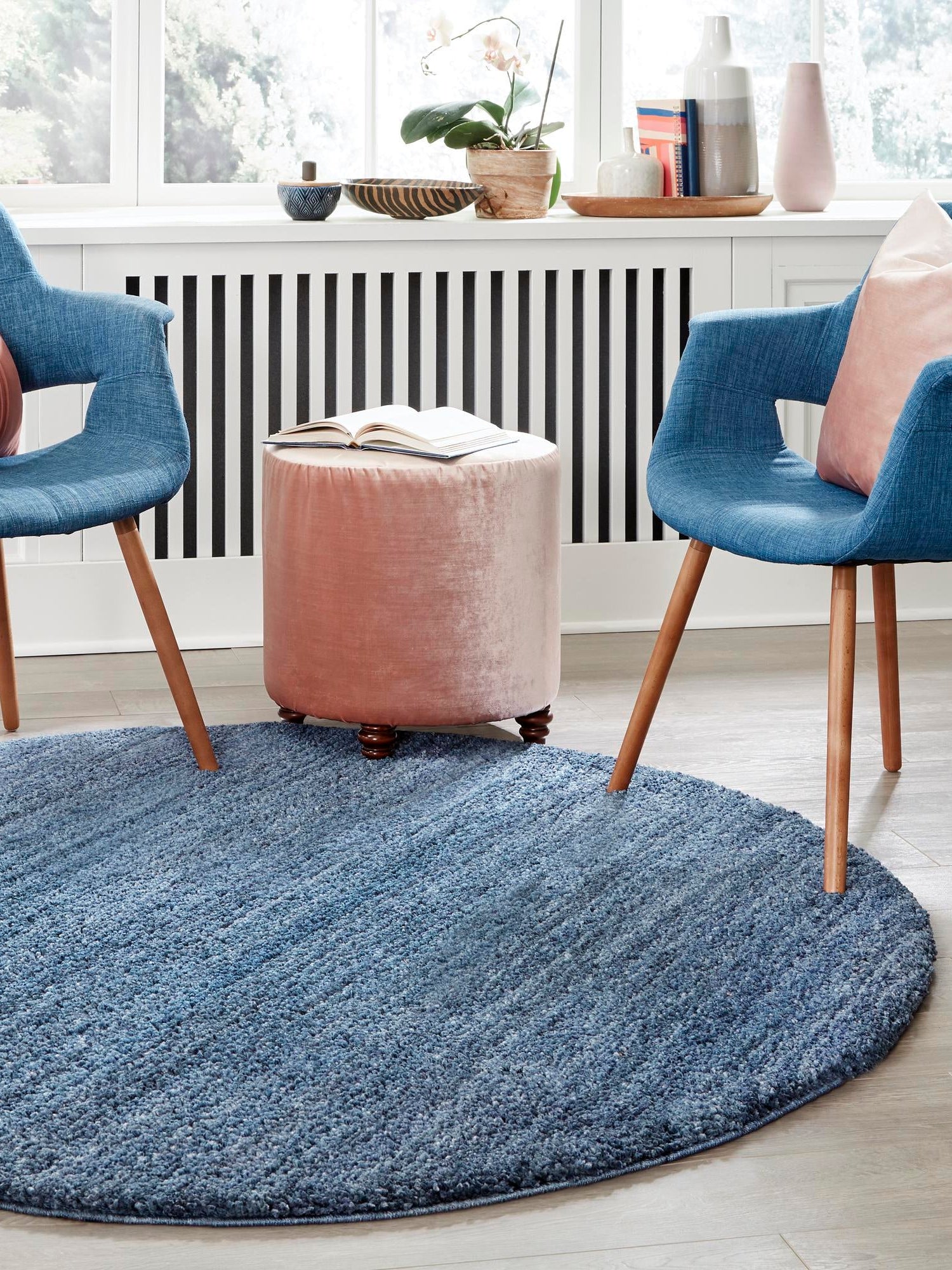 Blueberry Blue 7' x 7' Jill Zarin Shaggy Chic Round Area Rug Thick Soft Touch Fluffy & Plush Shaggy Pile 100% Polyester (Space-Dyed Yarn) With Jute Backing  Carpet for Sale at Rug Engine