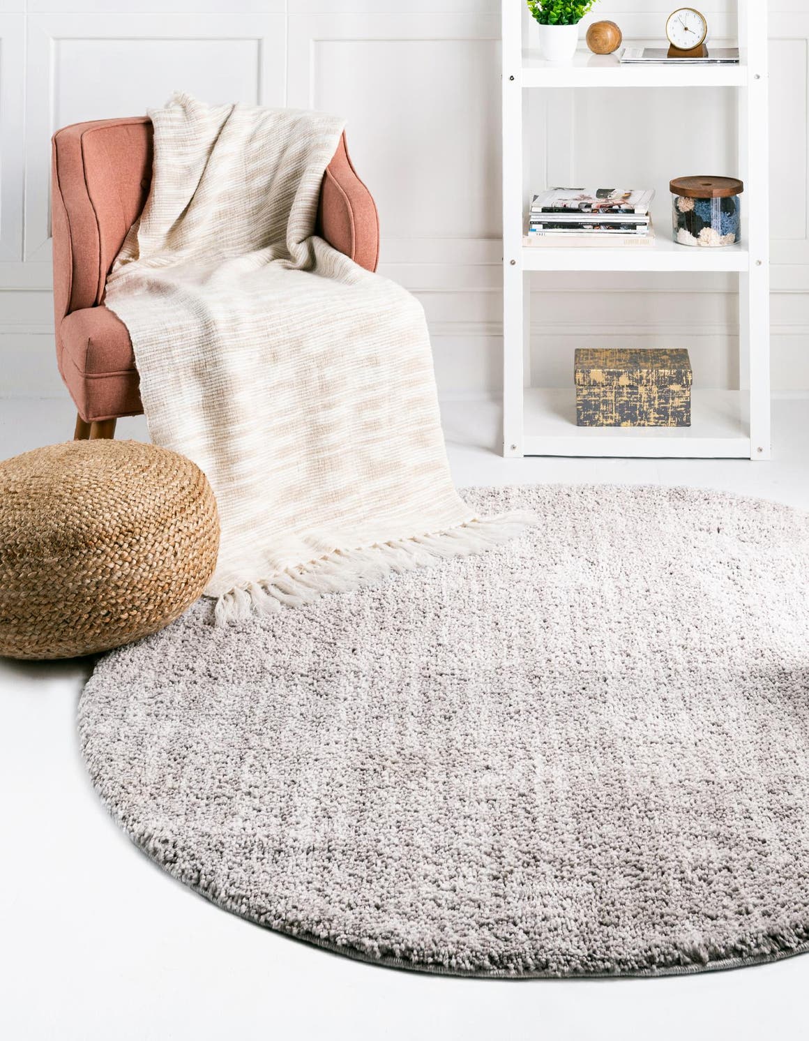 Ash Gray 5' 3 x 5' 3 Jill Zarin Shaggy Chic Round Area Rug Thick Soft Touch Fluffy & Plush Shaggy Pile 100% Polyester (Space-Dyed Yarn) With Jute Backing  Carpet for Sale at Rug Engine
