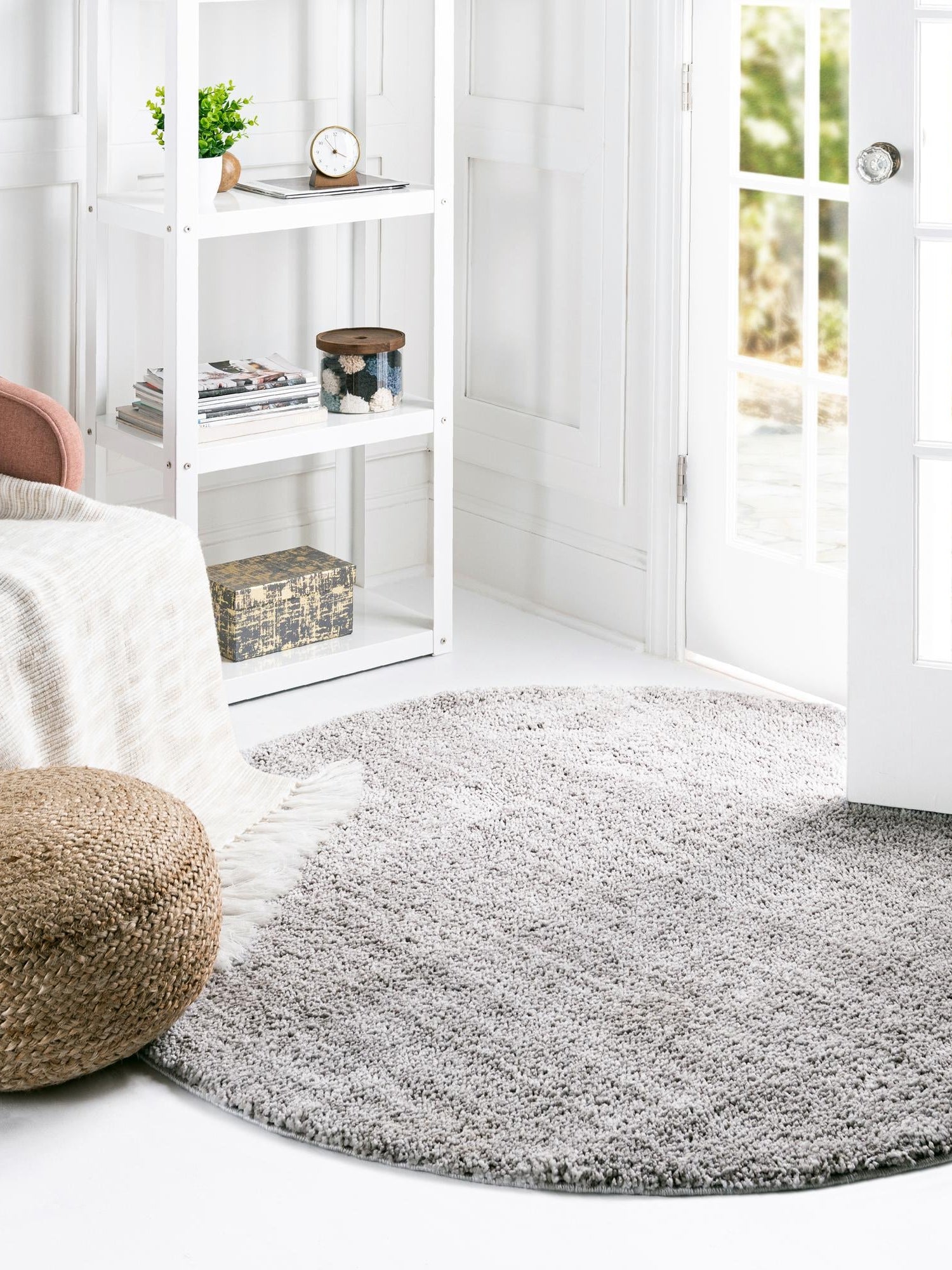 Ash Gray 5' 3 x 5' 3 Jill Zarin Shaggy Chic Round Area Rug Thick Soft Touch Fluffy & Plush Shaggy Pile 100% Polyester (Space-Dyed Yarn) With Jute Backing  Carpet for Sale at Rug Engine