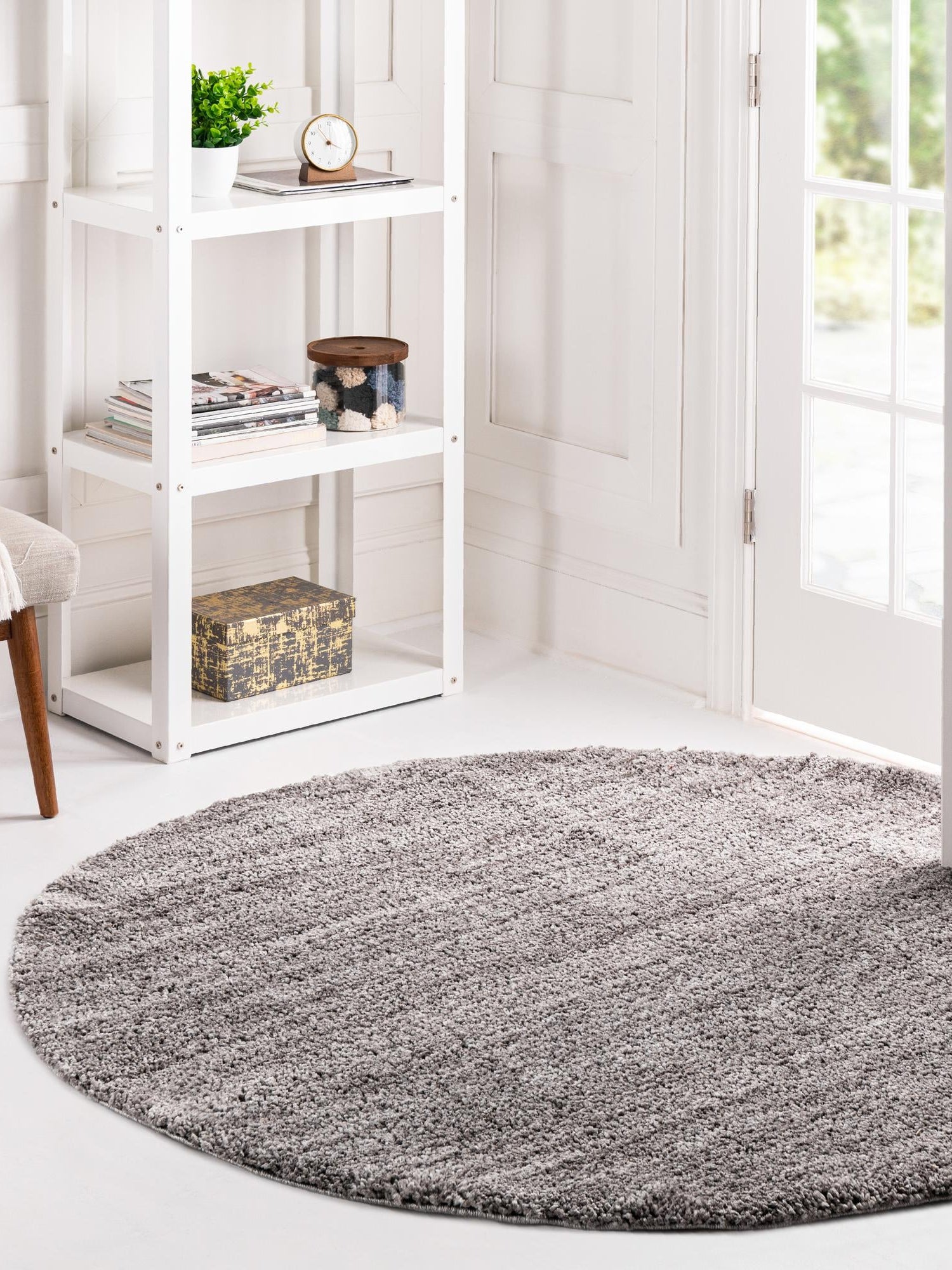 Pepper Gray 5' 3 x 5' 3 Jill Zarin Shaggy Chic Round Area Rug Thick Soft Touch Fluffy & Plush Shaggy Pile 100% Polyester (Space-Dyed Yarn) With Jute Backing  Carpet for Sale at Rug Engine