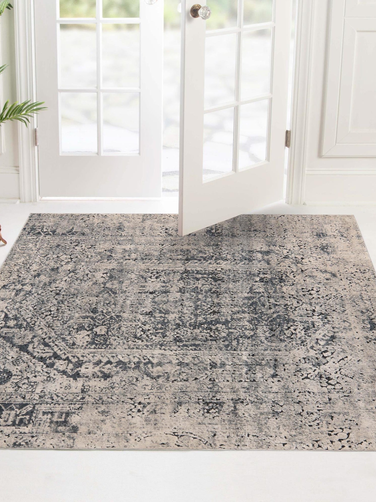Gray 7' 1 x 7' 1 Chateau Square Area Rug 85% Polypropylene & 15% Chenille With Cotton Backing Traditional Vintage Distressed Carpet for Classical Interior Design Decorating for Sale at Rug Engine