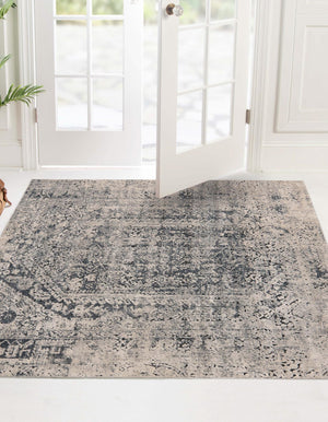 Gray 7' 1 x 7' 1 Chateau Square Area Rug 85% Polypropylene & 15% Chenille With Cotton Backing Traditional Vintage Distressed Carpet for Classical Interior Design Decorating for Sale at Rug Engine