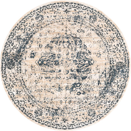 Dark Blue 5' 3 x 5' 3 Chateau Round Area Rug 85% Polypropylene & 15% Chenille With Cotton Backing Traditional Vintage Distressed Carpet for Classical Interior Design Decorating for Sale at Rug Engine