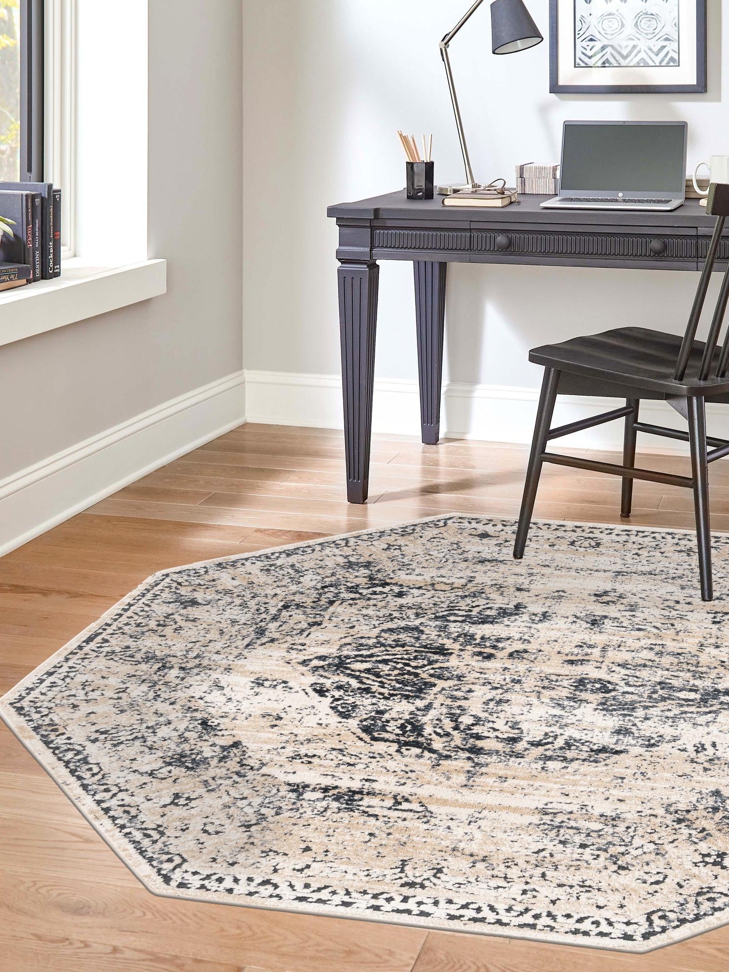 Dark Blue 7' 1 x 7' 1 Chateau Octagon Area Rug 85% Polypropylene & 15% Chenille With Cotton Backing Traditional Vintage Distressed Carpet for Classical Interior Design Decorating for Sale at Rug Engine