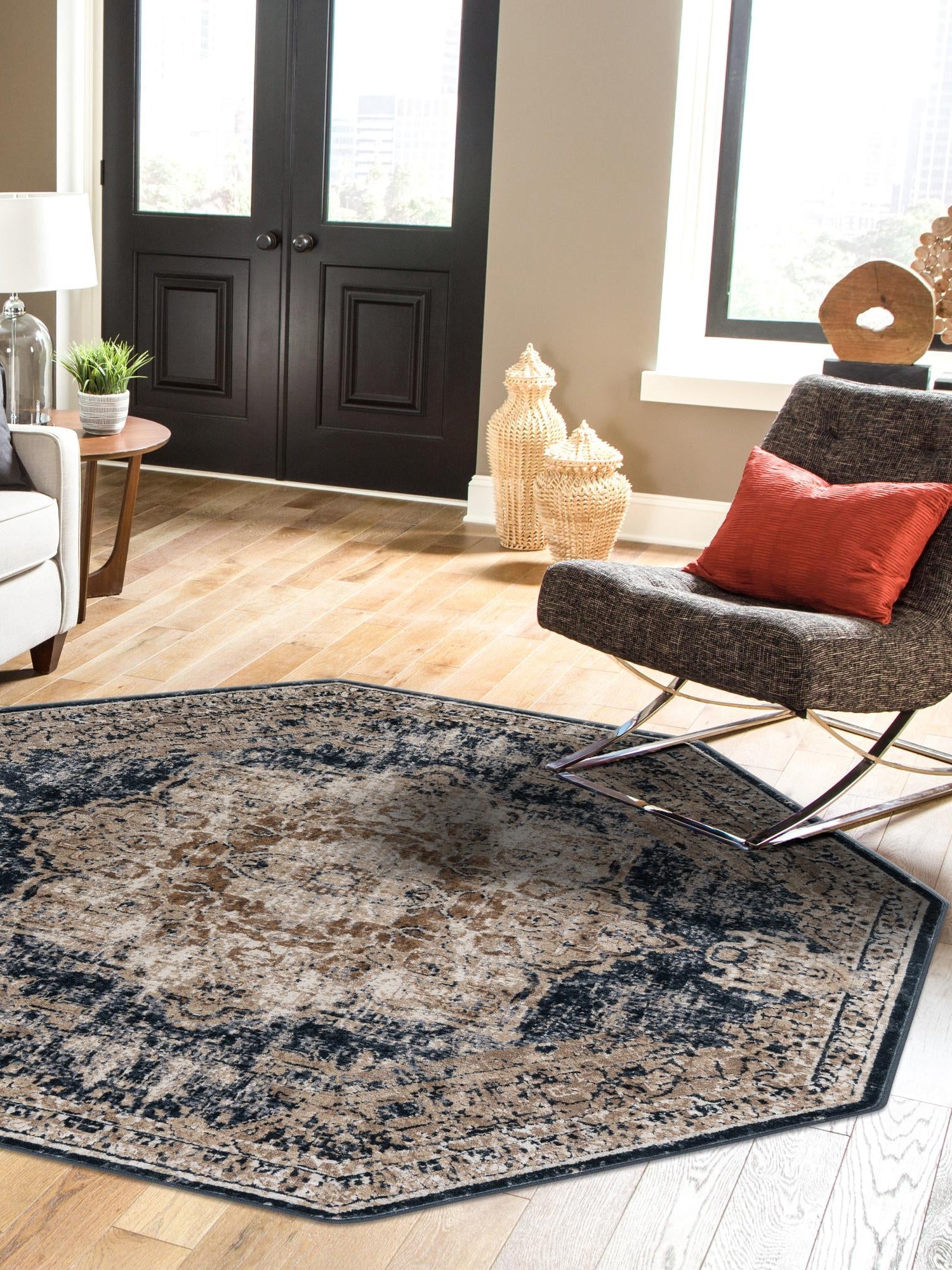 Dark Blue 7' 1 x 7' 1 Chateau Octagon Area Rug 85% Polypropylene & 15% Chenille With Cotton Backing Traditional Vintage Distressed Carpet for Classical Interior Design Decorating for Sale at Rug Engine