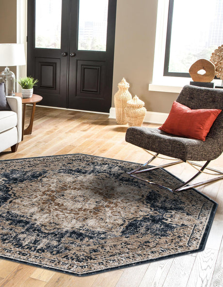 Dark Blue 7' 1 x 7' 1 Chateau Octagon Area Rug 85% Polypropylene & 15% Chenille With Cotton Backing Traditional Vintage Distressed Carpet for Classical Interior Design Decorating for Sale at Rug Engine