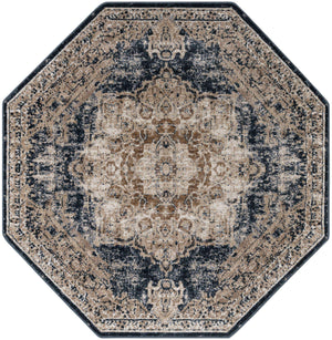 Dark Blue 5' 3 x 5' 3 Chateau Octagon Area Rug 85% Polypropylene & 15% Chenille With Cotton Backing Traditional Vintage Distressed Carpet for Classical Interior Design Decorating for Sale at Rug Engine