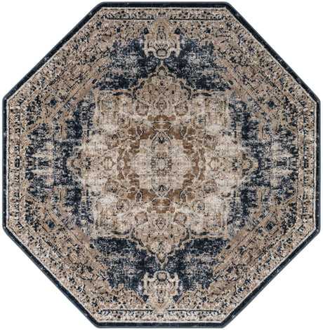 Dark Blue 5' 3 x 5' 3 Chateau Octagon Area Rug 85% Polypropylene & 15% Chenille With Cotton Backing Traditional Vintage Distressed Carpet for Classical Interior Design Decorating for Sale at Rug Engine