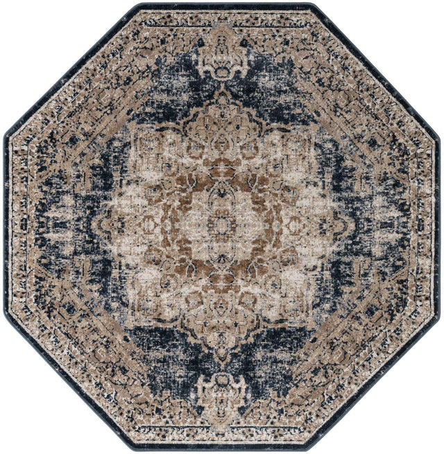 Dark Blue 5' 3 x 5' 3 Chateau Octagon Area Rug 85% Polypropylene & 15% Chenille With Cotton Backing Traditional Vintage Distressed Carpet for Classical Interior Design Decorating for Sale at Rug Engine