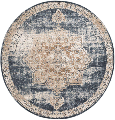 Dark Blue 7' 1 x 7' 1 Chateau Round Area Rug 85% Polypropylene & 15% Chenille With Cotton Backing Traditional Vintage Distressed Carpet for Classical Interior Design Decorating for Sale at Rug Engine