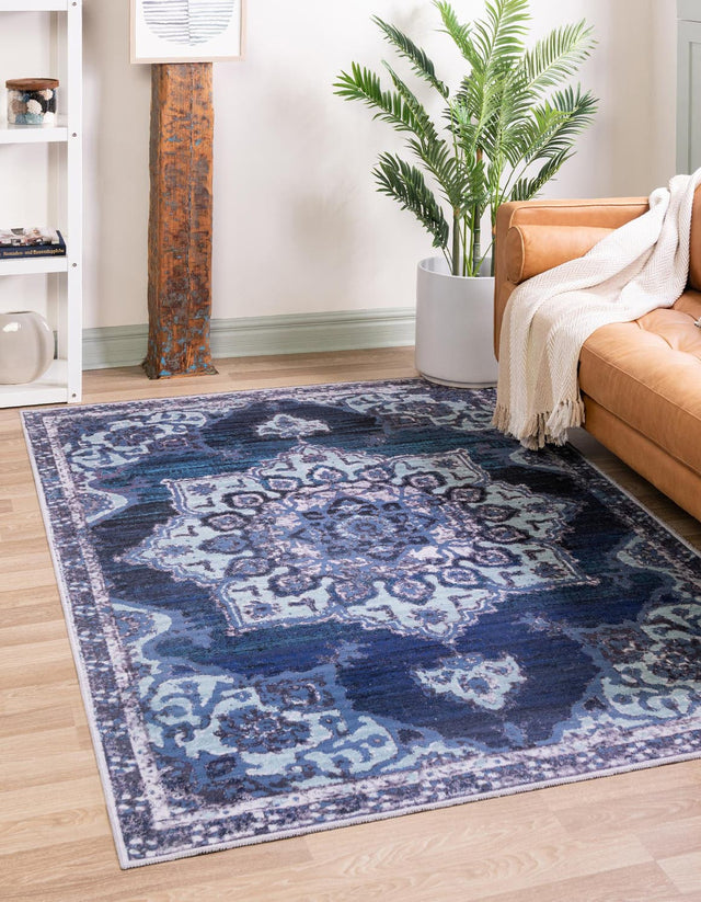 Washable Navy Blue 5' 11 x 9' Renaissance Rectangle Area Rug Easy to Clean Stain Resistant & Durable Colorful Distressed Vintage Carpet for Sale at Rug Engine