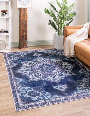 Washable Navy Blue 2' x 3' 1 Renaissance Rectangle Area Rug Easy to Clean Stain Resistant & Durable Colorful Distressed Vintage Carpet for Sale at Rug Engine