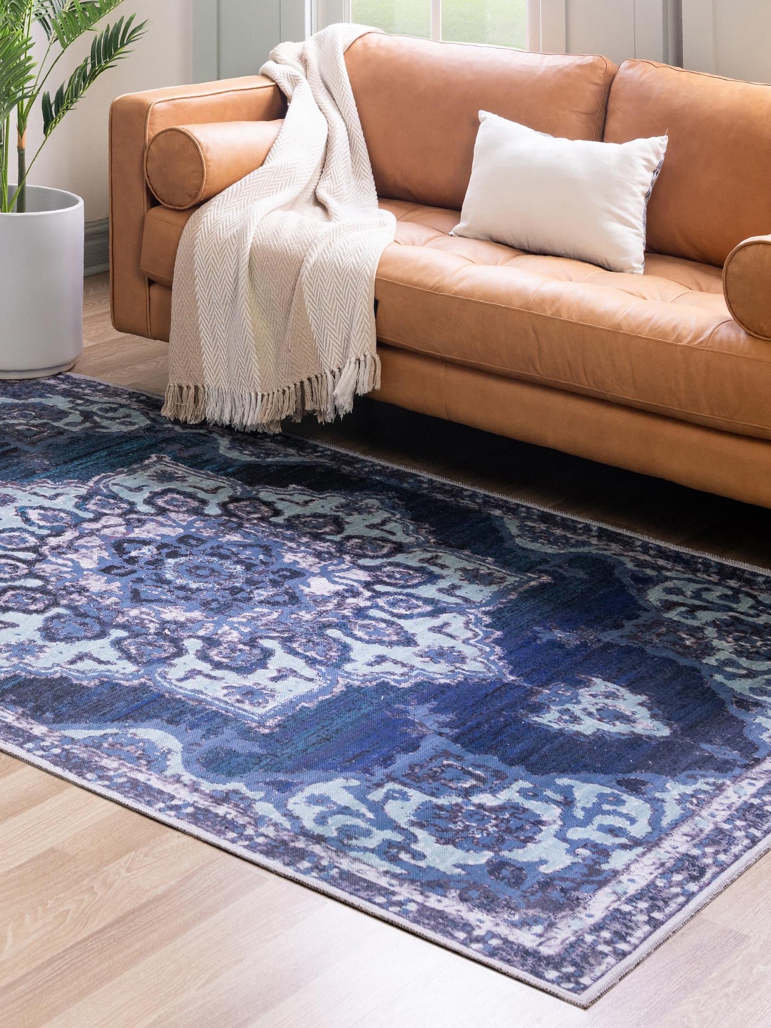 Washable Navy Blue 3' 3 x 5' 3 Renaissance Rectangle Area Rug Easy to Clean Stain Resistant & Durable Colorful Distressed Vintage Carpet for Sale at Rug Engine