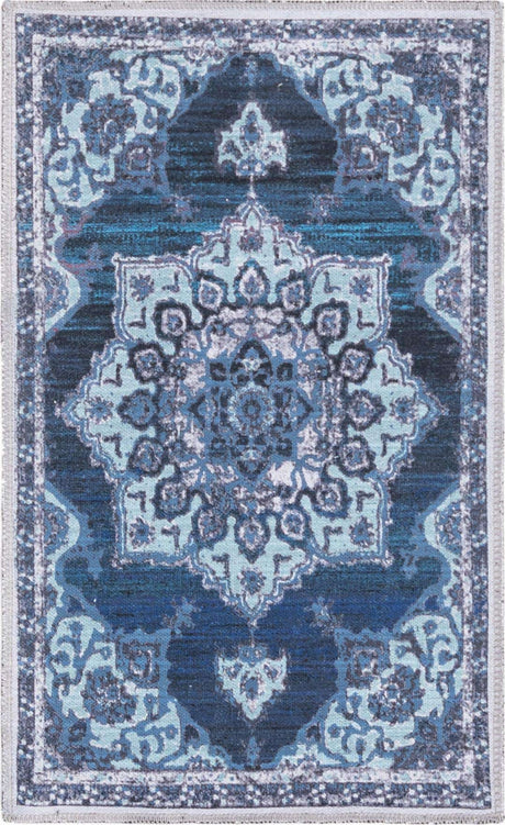 Washable Navy Blue 2' x 3' 1 Renaissance Rectangle Area Rug Easy to Clean Stain Resistant & Durable Colorful Distressed Vintage Carpet for Sale at Rug Engine