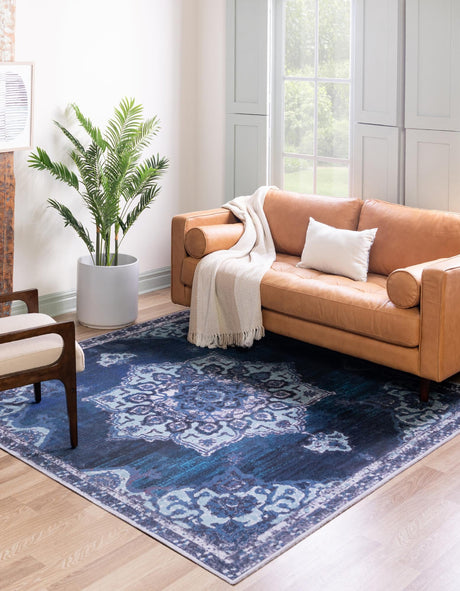 Washable Navy Blue 5' 3 x 5' 3 Renaissance Square Area Rug Easy to Clean Stain Resistant & Durable Colorful Distressed Vintage Carpet for Sale at Rug Engine