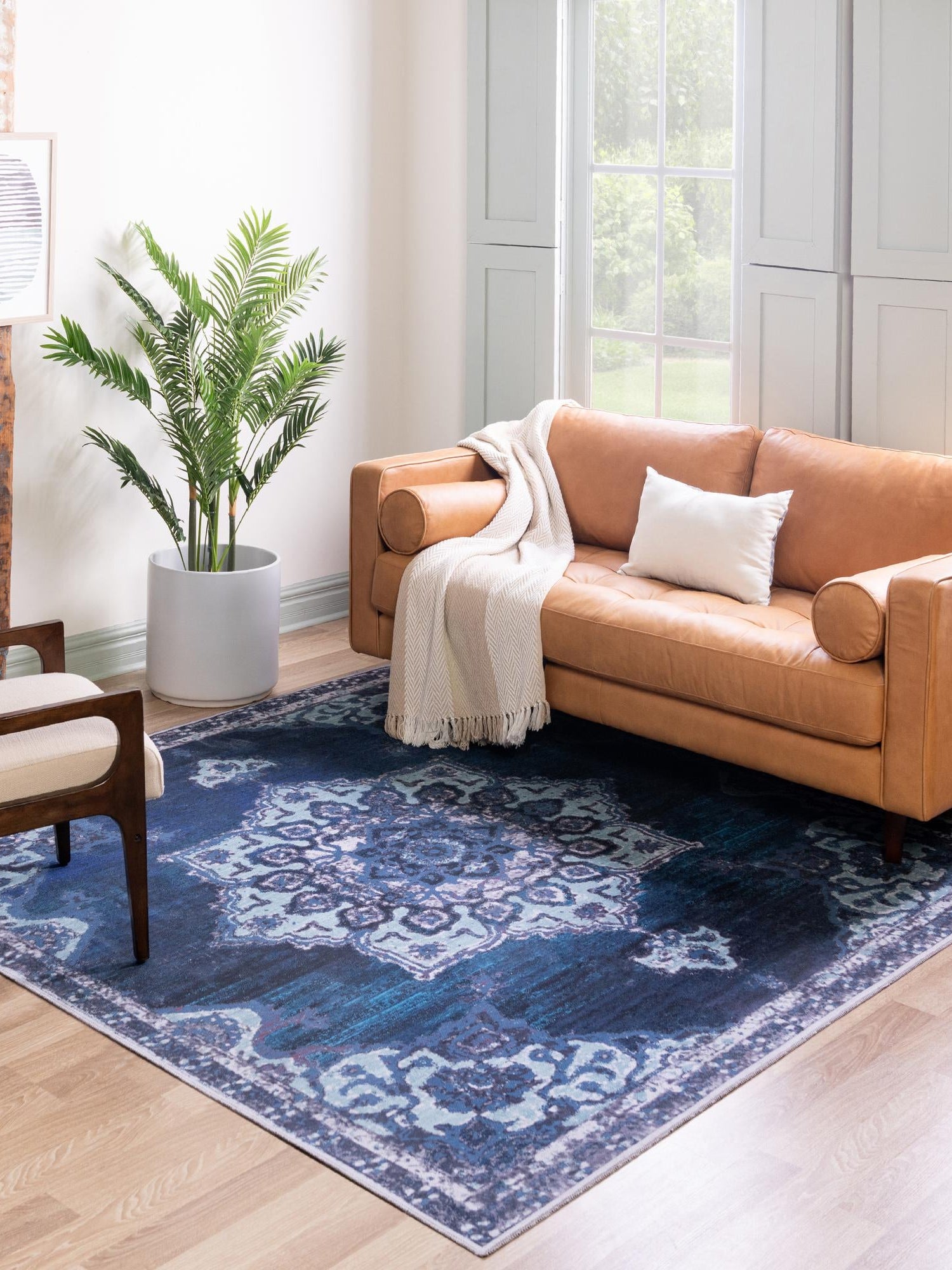 Washable Navy Blue 7' 3 x 7' 3 Renaissance Square Area Rug Easy to Clean Stain Resistant & Durable Colorful Distressed Vintage Carpet for Sale at Rug Engine