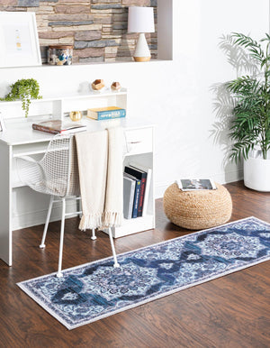 Washable Navy Blue 2' x 10' Renaissance Runner Area Rug Easy to Clean Stain Resistant & Durable Colorful Distressed Vintage Carpet for Sale at Rug Engine