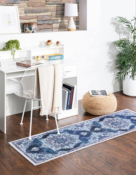 Washable Navy Blue 2' 7 x 12' Renaissance Runner Area Rug Easy to Clean Stain Resistant & Durable Colorful Distressed Vintage Carpet for Sale at Rug Engine