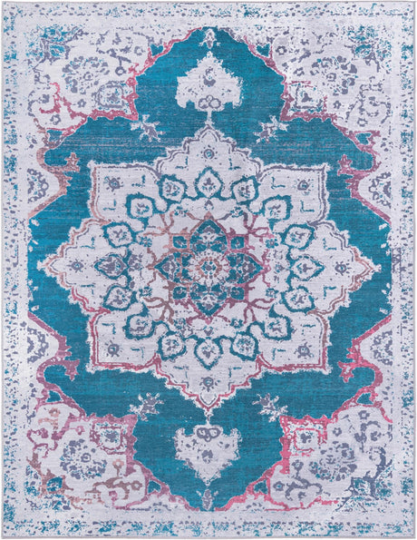 Washable Teal Green 8' x 10' Renaissance Washable Rectangle Area Rug Easy to Clean Stain Resistant & Durable Colorful Distressed Vintage Carpet for Sale at Rug Engine