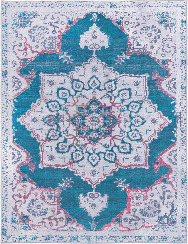 Washable Teal Green 8' x 10' Renaissance Washable Rectangle Area Rug Easy to Clean Stain Resistant & Durable Colorful Distressed Vintage Carpet for Sale at Rug Engine