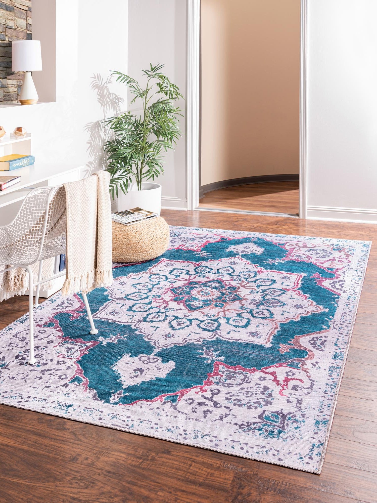 Washable Teal Green 10' 6 x 13' Renaissance Rectangle Area Rug Easy to Clean Stain Resistant & Durable Colorful Distressed Vintage Carpet for Sale at Rug Engine