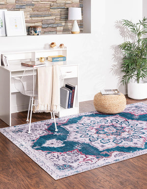 Washable Teal Green 8' x 10' Renaissance Washable Rectangle Area Rug Easy to Clean Stain Resistant & Durable Colorful Distressed Vintage Carpet for Sale at Rug Engine