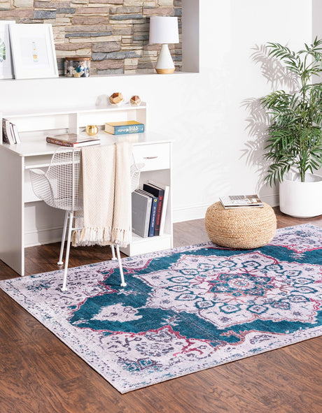 Washable Teal Green 8' x 10' Renaissance Washable Rectangle Area Rug Easy to Clean Stain Resistant & Durable Colorful Distressed Vintage Carpet for Sale at Rug Engine