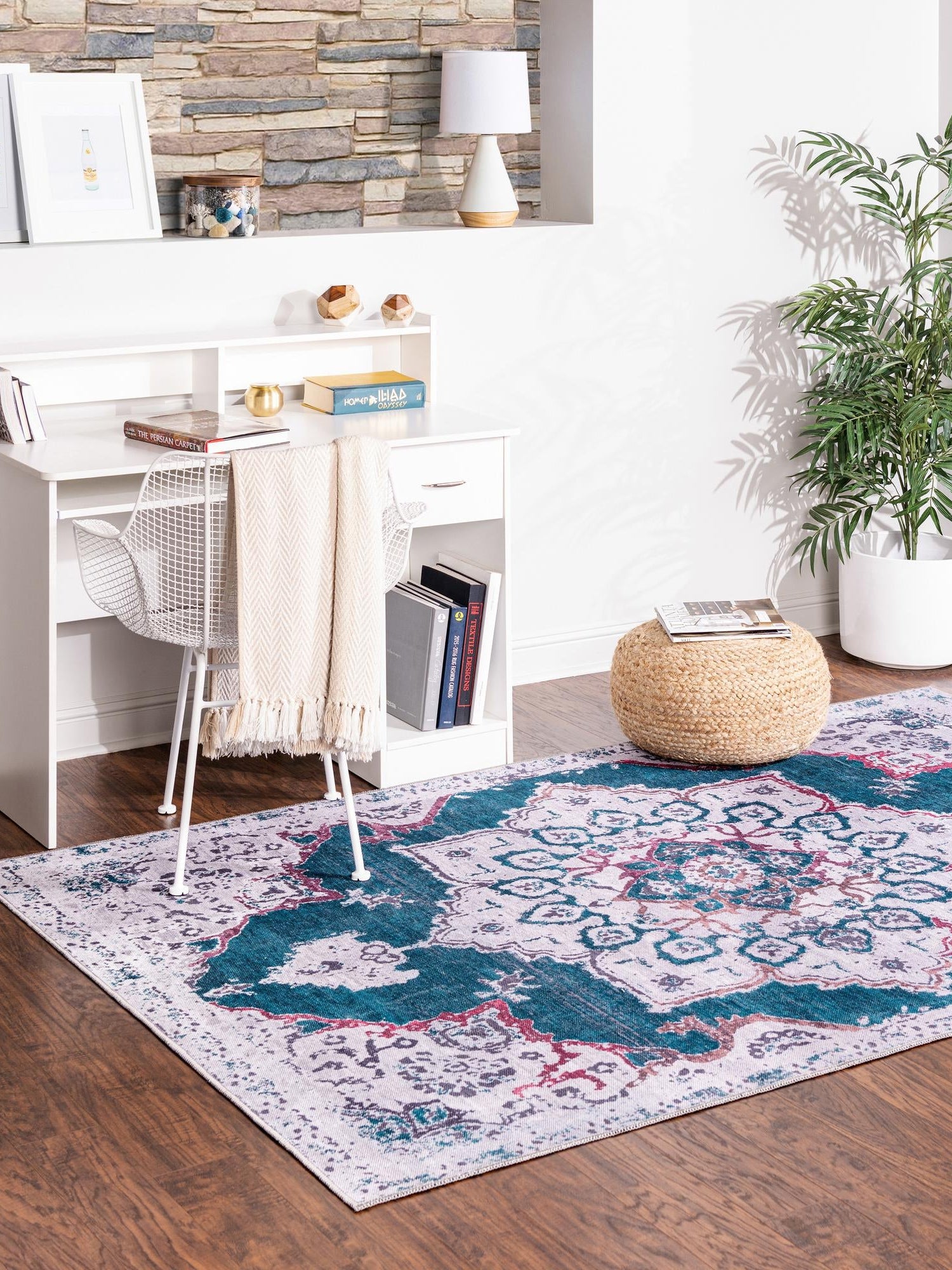 Washable Teal Green 9' 2 x 12' Renaissance Rectangle Area Rug Easy to Clean Stain Resistant & Durable Colorful Distressed Vintage Carpet for Sale at Rug Engine