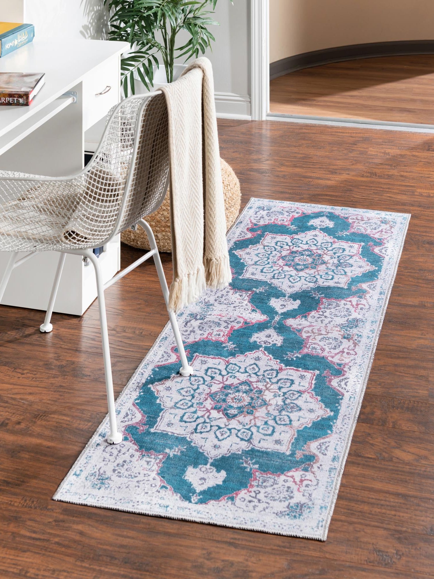 Washable Teal Green 2' x 13' Renaissance Runner Area Rug Easy to Clean Stain Resistant & Durable Colorful Distressed Vintage Carpet for Sale at Rug Engine