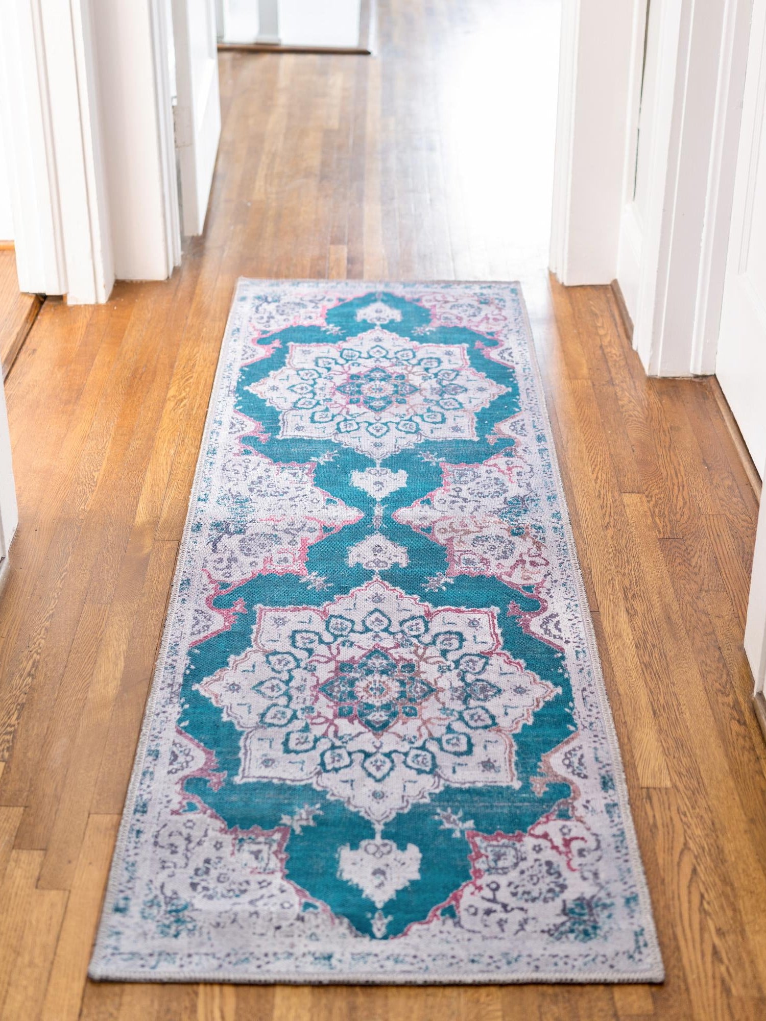 Washable Teal Green 2' 7 x 12' Renaissance Runner Area Rug Easy to Clean Stain Resistant & Durable Colorful Distressed Vintage Carpet for Sale at Rug Engine