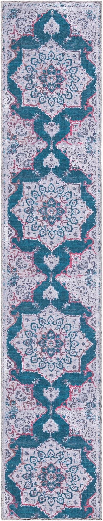 Washable Teal Green 2' x 9' 10 Renaissance Runner Area Rug Easy to Clean Stain Resistant & Durable Colorful Distressed Vintage Carpet for Sale at Rug Engine