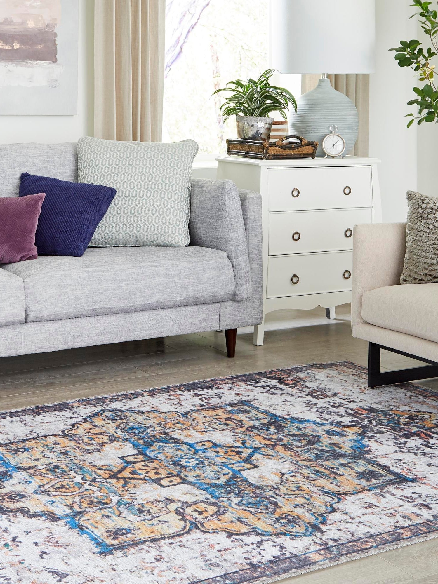 Washable Sea Salt White 5' 3 x 8' Renaissance Rectangle Area Rug Easy to Clean Stain Resistant & Durable Colorful Distressed Vintage Carpet for Sale at Rug Engine